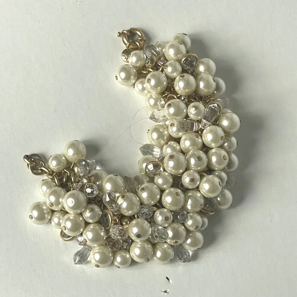 J.Crew Faux Pearl & Crystal Cluster Gold Chain Statement Bracelet